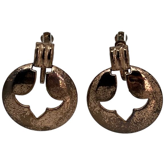 Bronze Clip-On Earrings, Cut-Out Design, Good Condition, 1.25" x 1" - Picture 2 of 7
